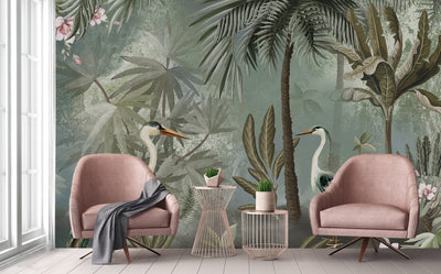 Nature Forest Wallpaper, Birds Palm Tree Wall Mural, Light Green Jungle Theme Large Wall Art, Non-Woven, Non-Adhesive, Removable, Exotic Wall Paper - Adawall -Houston Wallpaper Store - Walcoverings, Curtains & Wall Panels