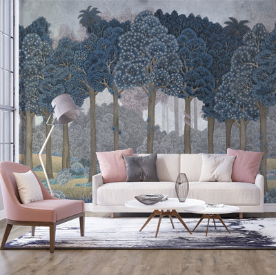 Nature Scene Trees Wall Mural, Blue Forest Wallpaper, Large Landscape Custom Size Wall Covering, Non-Woven, Non-Pasted, Removable, Washable, Art - Adawall -Houston Wallpaper Store - Walcoverings, Curtains & Wall Panels