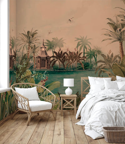 Nature Theme Wall Mural, Palm Trees Lake Scenic Wall Mural, Brown Jungle Scene Large Wall Art, Non-Woven, Non-Adhesive, Removable, Exotic Wall Paper, Washable - Adawall -Houston Wallpaper Store - Walcoverings, Curtains & Wall Panels