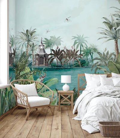 Nature Theme Wall Mural, Palm Trees Lake Scenic Wall Mural, Green Jungle Scene Large Wall Art, Non-Woven, Non-Adhesive, Removable, Exotic Wall Paper, Washable - Adawall -Houston Wallpaper Store - Walcoverings, Curtains & Wall Panels