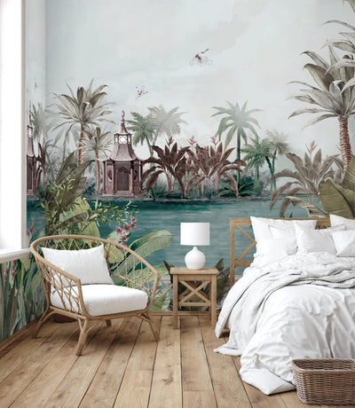 Nature Theme Wall Mural, Palm Trees Lake Scenic Wall Mural, Light Green Jungle Scene Large Wall Art, Non-Woven, Non-Adhesive, Removable, Exotic Wall Paper, Washable - Adawall -Houston Wallpaper Store - Walcoverings, Curtains & Wall Panels