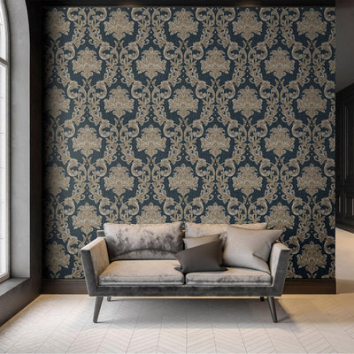 Oriental Damask Deep Embossed Wallpaper, Blue 3D Textured Wallcovering, Traditional, Extra Large 114 sq ft Roll, Stylish Wallpaper, Floral, Blue - Adawall -Houston Wallpaper Store - Walcoverings, Curtains & Wall Panels