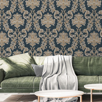 Oriental Damask Deep Embossed Wallpaper, Blue 3D Textured Wallcovering, Traditional, Extra Large 114 sq ft Roll, Stylish Wallpaper, Floral, Blue - Adawall -Houston Wallpaper Store - Walcoverings, Curtains & Wall Panels