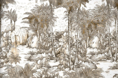 Palm Trees Drawing Wallpaper, Yellow White Large Hand Drawn Wall Mural, Custom Size Wall Covering, Non-Woven, Non-Pasted, Washable, Removable - Adawall -Houston Wallpaper Store - Walcoverings, Curtains & Wall Panels