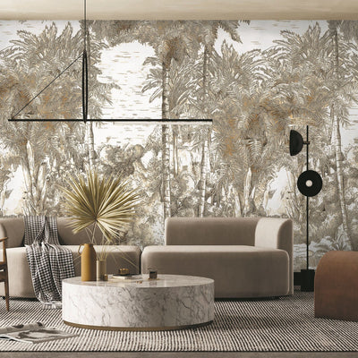 Palm Trees Drawing Wallpaper, Yellow White Large Hand Drawn Wall Mural, Custom Size Wall Covering, Non-Woven, Non-Pasted, Washable, Removable - Adawall -Houston Wallpaper Store - Walcoverings, Curtains & Wall Panels