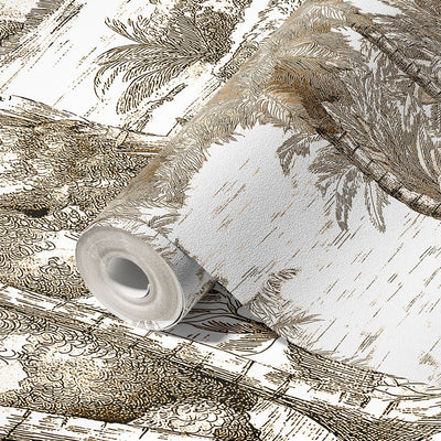 Palm Trees Drawing Wallpaper, Yellow White Large Hand Drawn Wall Mural, Custom Size Wall Covering, Non-Woven, Non-Pasted, Washable, Removable - Adawall -Houston Wallpaper Store - Walcoverings, Curtains & Wall Panels
