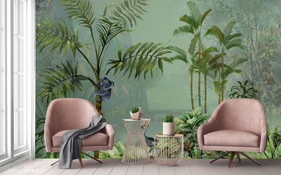 Palm Trees Nature Scene Tropical Wall Mural, Green Custom Size Wallpaper, Non-Woven, Non-Pasted, Washable, Oversized Large Wall Art, Removable (Copy) - Adawall -Houston Wallpaper Store - Walcoverings, Curtains & Wall Panels