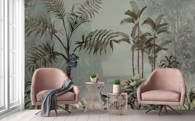 Palm Trees Nature Scene Tropical Wall Mural, Light Green Custom Size Wallpaper, Non-Woven, Non-Pasted, Washable, Oversized Large Wall Art, Removable - Adawall -Houston Wallpaper Store - Walcoverings, Curtains & Wall Panels