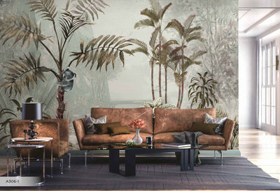 Palm Trees Nature Scene Tropical Wall Mural, Light Green Custom Size Wallpaper, Non-Woven, Non-Pasted, Washable, Oversized Large Wall Art, Removable - Adawall -Houston Wallpaper Store - Walcoverings, Curtains & Wall Panels