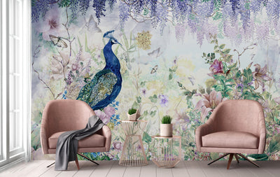 Peacock Forest Wall Mural, Blue Scenic Non-Woven Nature Theme Large Wall Poster, Non-Adhesive Modern Jungle Wall Art - Adawall -Houston Wallpaper Store - Walcoverings, Curtains & Wall Panels