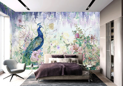Peacock Forest Wall Mural, Blue Scenic Non-Woven Nature Theme Large Wall Poster, Non-Adhesive Modern Jungle Wall Art - Adawall -Houston Wallpaper Store - Walcoverings, Curtains & Wall Panels