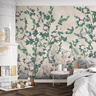 Peony Chinoiserie Blossom Wall Mural, Green Floral Bloom Wallpaper, Oversized Contemporary Custom Size Wall Art, Non-Woven, Non-Pasted, Removable - Adawall -Houston Wallpaper Store - Walcoverings, Curtains & Wall Panels