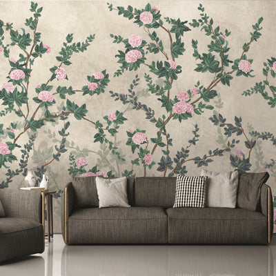 Peony Chinoiserie Blossom Wall Mural, Green Floral Bloom Wallpaper, Oversized Contemporary Custom Size Wall Art, Non-Woven, Non-Pasted, Removable - Adawall -Houston Wallpaper Store - Walcoverings, Curtains & Wall Panels