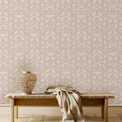 Pink Lace Trellis Wallpaper, Shiny Silver Gold Patterns Faded Colors Damask Design - Adawall -Houston Wallpaper Store - Walcoverings, Curtains & Wall Panels