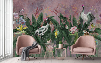 Purple Jungle Birds Wallpaper, Nature Forest Tropical Theme Wall Mural, Extra Large Customizable, Non-Adhesive, Removable Wall Paper, Leaves Flower - Adawall -Houston Wallpaper Store - Walcoverings, Curtains & Wall Panels