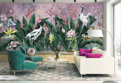 Purple Jungle Birds Wallpaper, Nature Forest Tropical Theme Wall Mural, Extra Large Customizable, Non-Adhesive, Removable Wall Paper, Leaves Flower - Adawall -Houston Wallpaper Store - Walcoverings, Curtains & Wall Panels