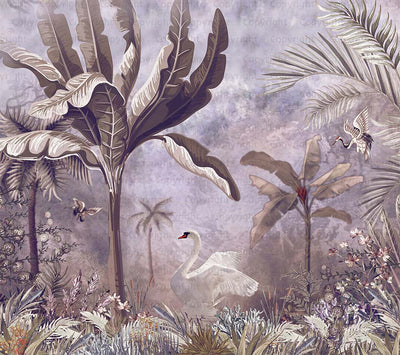 Purple Modern Luxury Tropical Wallpaper, Swan, Non-Woven Custom Wall Mural, Non-Adhesive, Washable, Decorative, Removable, Home Decor Wall Art - Adawall -Houston Wallpaper Store - Walcoverings, Curtains & Wall Panels