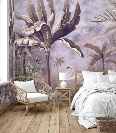 Purple Modern Luxury Tropical Wallpaper, Swan, Non-Woven Custom Wall Mural, Non-Adhesive, Washable, Decorative, Removable, Home Decor Wall Art - Adawall -Houston Wallpaper Store - Walcoverings, Curtains & Wall Panels