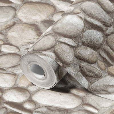 Realistic Embossed Oval Stone Wallpaper, Beige, Gray Farmhouse, Lodge Home Interior Design Wallcovering - Adawall -Houston Wallpaper Store - Walcoverings, Curtains & Wall Panels