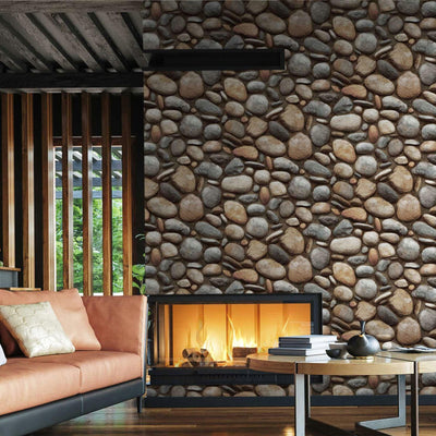 Realistic Embossed Oval Stone Wallpaper, Brown, Tan Farmhouse, Lodge Home Interior Design Wallcovering - Adawall -Houston Wallpaper Store - Walcoverings, Curtains & Wall Panels