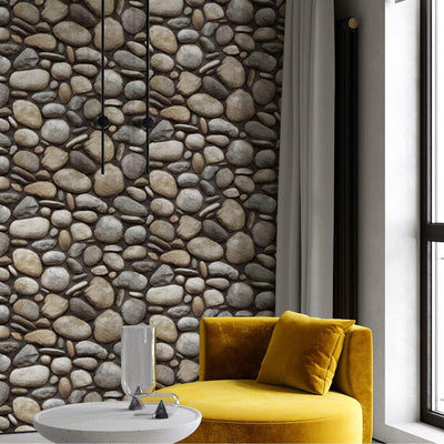 Realistic Embossed Oval Stone Wallpaper, Gray, Tan Farmhouse, Lodge Home Interior Design Wallcovering - Adawall -Houston Wallpaper Store - Walcoverings, Curtains & Wall Panels