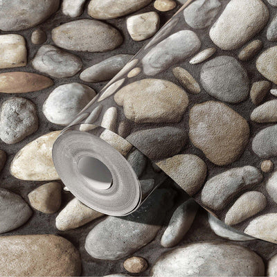 Realistic Embossed Oval Stone Wallpaper, Gray, Tan Farmhouse, Lodge Home Interior Design Wallcovering - Adawall -Houston Wallpaper Store - Walcoverings, Curtains & Wall Panels