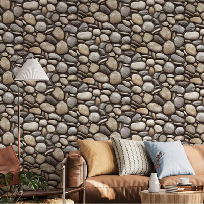 Realistic Embossed Oval Stone Wallpaper, Gray, Tan Farmhouse, Lodge Home Interior Design Wallcovering - Adawall -Houston Wallpaper Store - Walcoverings, Curtains & Wall Panels