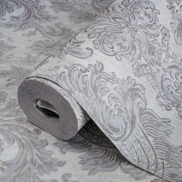 Silver Rich Baroque Damask Wallpaper Deep Embossed Shimmering Vintage Design - Adawall -Houston Wallpaper Store - Walcoverings, Curtains & Wall Panels