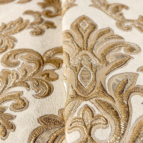 Stylish Baroque Deep Embossed Wallpaper, White, Gold, Timeless Damask Ornate Patterns Sparkling Wallcovering, Elegant Washed Colors Design - Adawall -Houston Wallpaper Store - Walcoverings, Curtains & Wall Panels