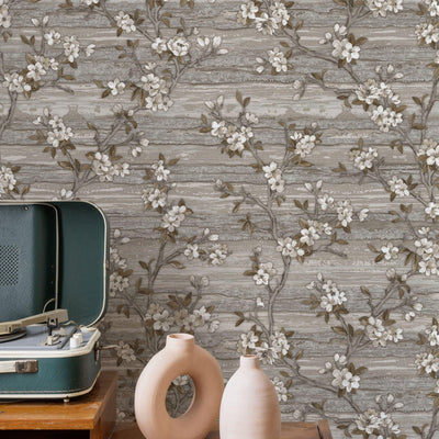 Stylish Floral Wallpaper, Gray, Brown Embossed Flocked Botanical Blossom Pattern, Bloom Design, Trendy Wall Accent Decoration - Adawall -Houston Wallpaper Store - Walcoverings, Curtains & Wall Panels