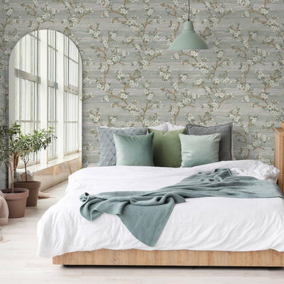 Stylish Floral Wallpaper, Green, White Embossed Flocked Botanical Blossom Pattern, Bloom Design, Trendy Wall Accent Decoration - Adawall -Houston Wallpaper Store - Walcoverings, Curtains & Wall Panels