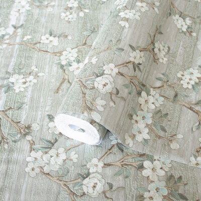 Stylish Floral Wallpaper, Green, White Embossed Flocked Botanical Blossom Pattern, Bloom Design, Trendy Wall Accent Decoration - Adawall -Houston Wallpaper Store - Walcoverings, Curtains & Wall Panels