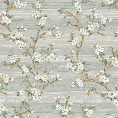 Stylish Floral Wallpaper, Green, White Embossed Flocked Botanical Blossom Pattern, Bloom Design, Trendy Wall Accent Decoration - Adawall -Houston Wallpaper Store - Walcoverings, Curtains & Wall Panels