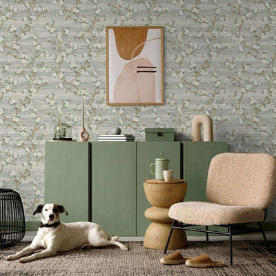 Stylish Floral Wallpaper, Green, White Embossed Flocked Botanical Blossom Pattern, Bloom Design, Trendy Wall Accent Decoration - Adawall -Houston Wallpaper Store - Walcoverings, Curtains & Wall Panels