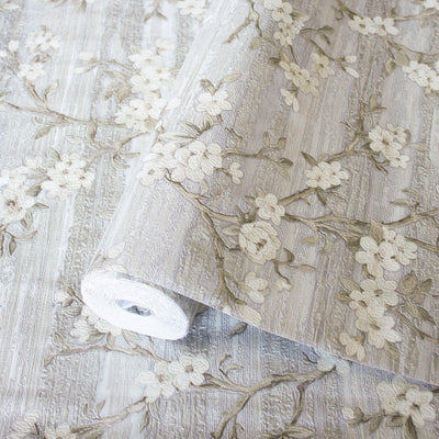 Stylish Floral Wallpaper, White, Silver Embossed Flocked Botanical Blossom Pattern, Bloom Design, Trendy Wall Accent Decoration - Adawall -Houston Wallpaper Store - Walcoverings, Curtains & Wall Panels