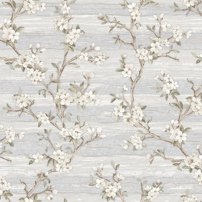 Stylish Floral Wallpaper, White, Silver Embossed Flocked Botanical Blossom Pattern, Bloom Design, Trendy Wall Accent Decoration - Adawall -Houston Wallpaper Store - Walcoverings, Curtains & Wall Panels