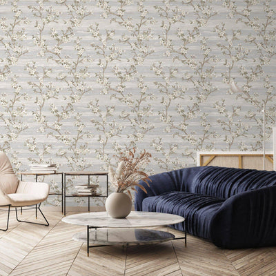 Stylish Floral Wallpaper, White, Silver Embossed Flocked Botanical Blossom Pattern, Bloom Design, Trendy Wall Accent Decoration - Adawall -Houston Wallpaper Store - Walcoverings, Curtains & Wall Panels