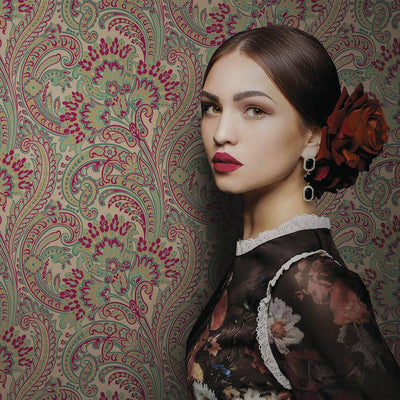 Stylish Paisley Green Red Wallpaper, Textured Wallcovering, Large 114 sq ft Roll, Washable, Home Wall Decor, Accent Wall Paper, Washable - Adawall -Houston Wallpaper Store - Walcoverings, Curtains & Wall Panels