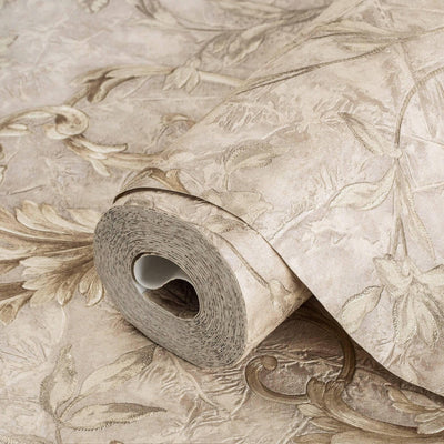 Textured Flowered Beige Gold Embossed Wallpaper, Home Wall Decor, Aesthetic Wallpaper, Textured Wallcovering Non-Adhesive- 41.7”W X 393”H - Adawall -Houston Wallpaper Store - Walcoverings, Curtains & Wall Panels