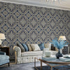 Timeless Design 3D Embossed Damask Wallpaper, Dark Blue, Gold Luxury Velvet Feeling Wallcovering, Large 114 sq ft Roll - Walloro High End Wallcoverings & More