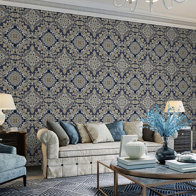 Timeless Design 3D Embossed Damask Wallpaper, Dark Blue, Gold Luxury Velvet Feeling Wallcovering, Large 114 sq ft Roll - Adawall -Houston Wallpaper Store - Walcoverings, Curtains & Wall Panels