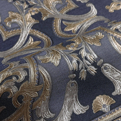 Timeless Design 3D Embossed Damask Wallpaper, Dark Blue, Gold Luxury Velvet Feeling Wallcovering, Large 114 sq ft Roll - Adawall -Houston Wallpaper Store - Walcoverings, Curtains & Wall Panels