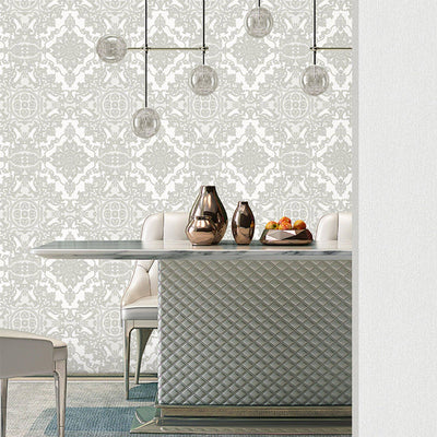 Timeless Design 3D Embossed Damask Wallpaper, White, Silver Luxury Velvet Feeling Wallcovering, Large 114 sq ft Roll - Adawall -Houston Wallpaper Store - Walcoverings, Curtains & Wall Panels