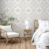 Timeless Design 3D Embossed Damask Wallpaper, White, Silver Luxury Velvet Feeling Wallcovering, Large 114 sq ft Roll - Walloro High End Wallcoverings & More