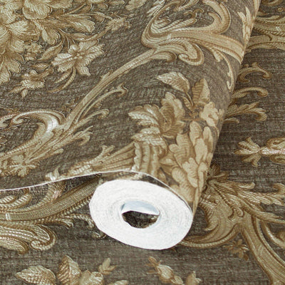 Timeless Velvet Feel Damask Embossed Wallpaper, Brown, Gold 3D Textured, Flocked, Washable, Luxury Wall Decoration - Adawall -Houston Wallpaper Store - Walcoverings, Curtains & Wall Panels