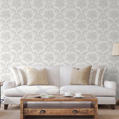 Timeless Velvet Feel Damask Embossed Wallpaper, White, Silver 3D Textured, Flocked, Washable, Luxury Wall Decoration - Adawall -Houston Wallpaper Store - Walcoverings, Curtains & Wall Panels