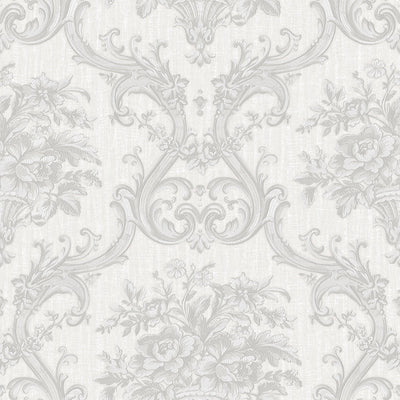 Timeless Velvet Feel Damask Embossed Wallpaper, White, Silver 3D Textured, Flocked, Washable, Luxury Wall Decoration - Adawall -Houston Wallpaper Store - Walcoverings, Curtains & Wall Panels