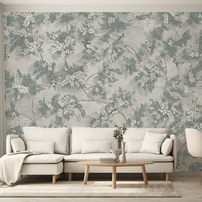 Tree Leaves Wall Mural, Birds Chinoiserie Wallpaper, Gray Oversized Botanical Custom Size Wall Paper, Non-Woven, Modern Wall Art, Non-Pasted, Removable - Adawall -Houston Wallpaper Store - Walcoverings, Curtains & Wall Panels