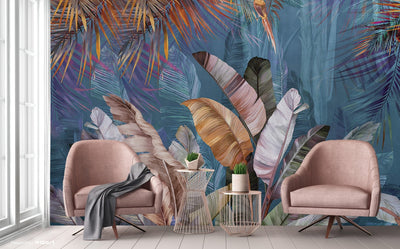 Tree Leaves Wall Mural, Blue Extra Large Wallpaper, Custom Size Wall Covering, Non-Woven, Non-Adhesive, Removable, Washable, Modern Stylish - Adawall -Houston Wallpaper Store - Walcoverings, Curtains & Wall Panels
