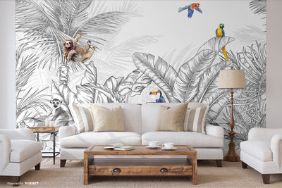 Tropical Animals Wallpaper, Black and White Drawing Wall Mural, Custom Size Wall Covering, Non-Woven, Non-Pasted, Removable, Art - Adawall -Houston Wallpaper Store - Walcoverings, Curtains & Wall Panels